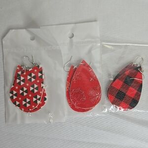 Faux Leather Holiday Cut Out Teardrop Earrings, 3 Pairs, New